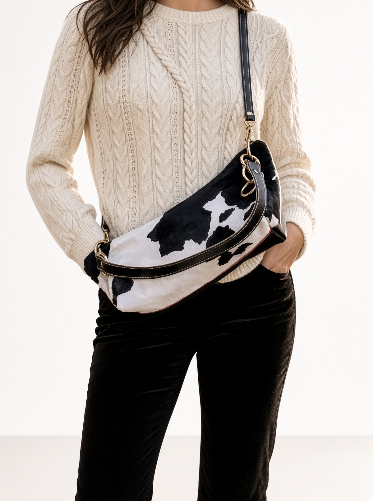 Blair Shoulder Bag, Cow Print Calf Hair-Black Leather