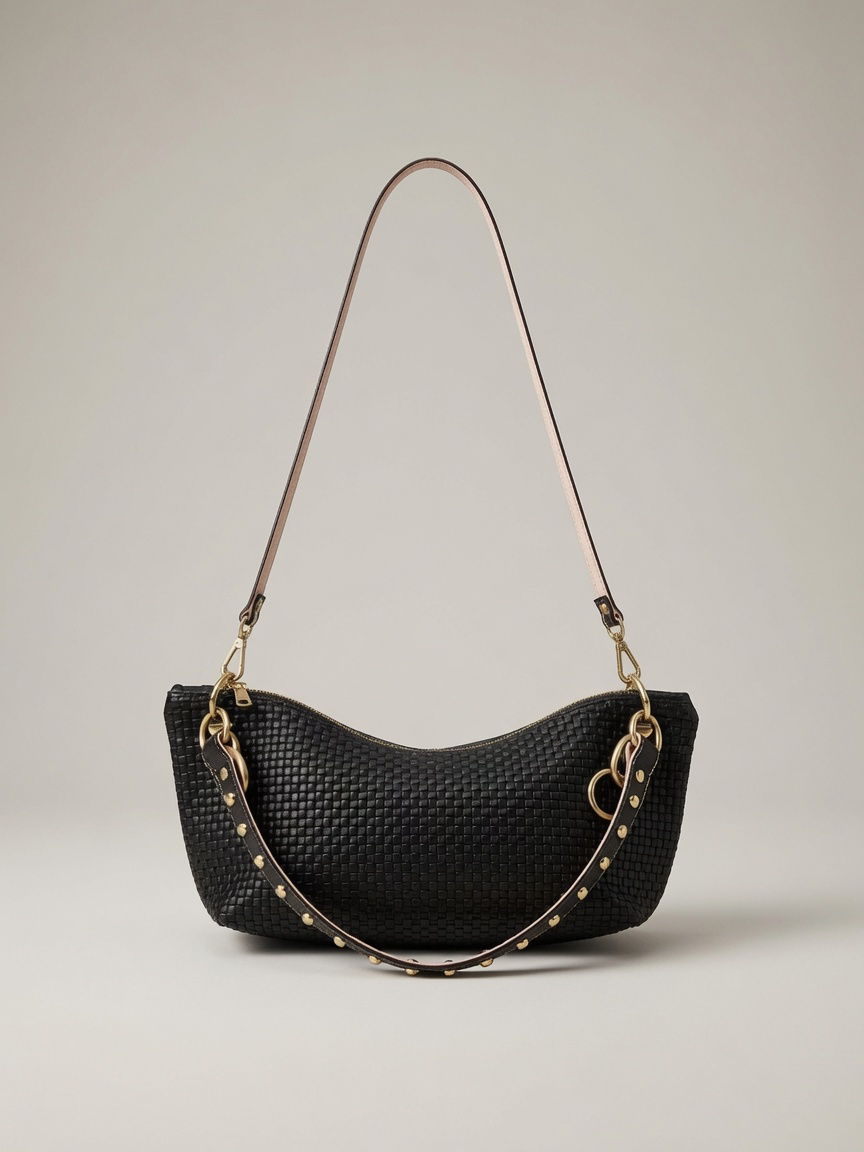 Blair Shoulder Bag, Black Embossed Leather/Studded Shoulder Strap