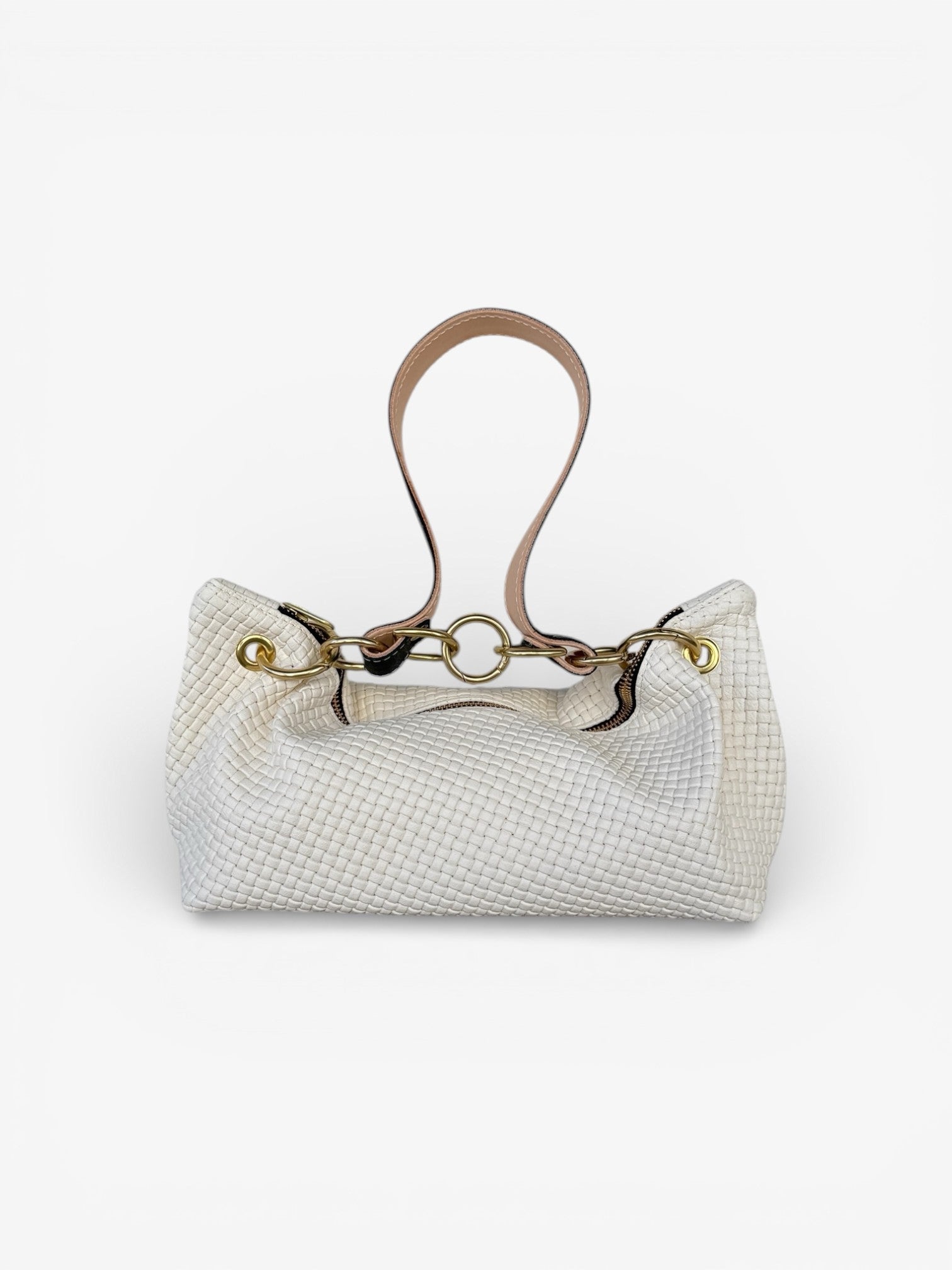 Blair-East West Shoulder Bag, Cream Woven Leather