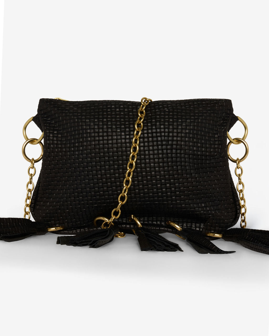 Alice Crossbody, Black Embossed Leather/Tassels