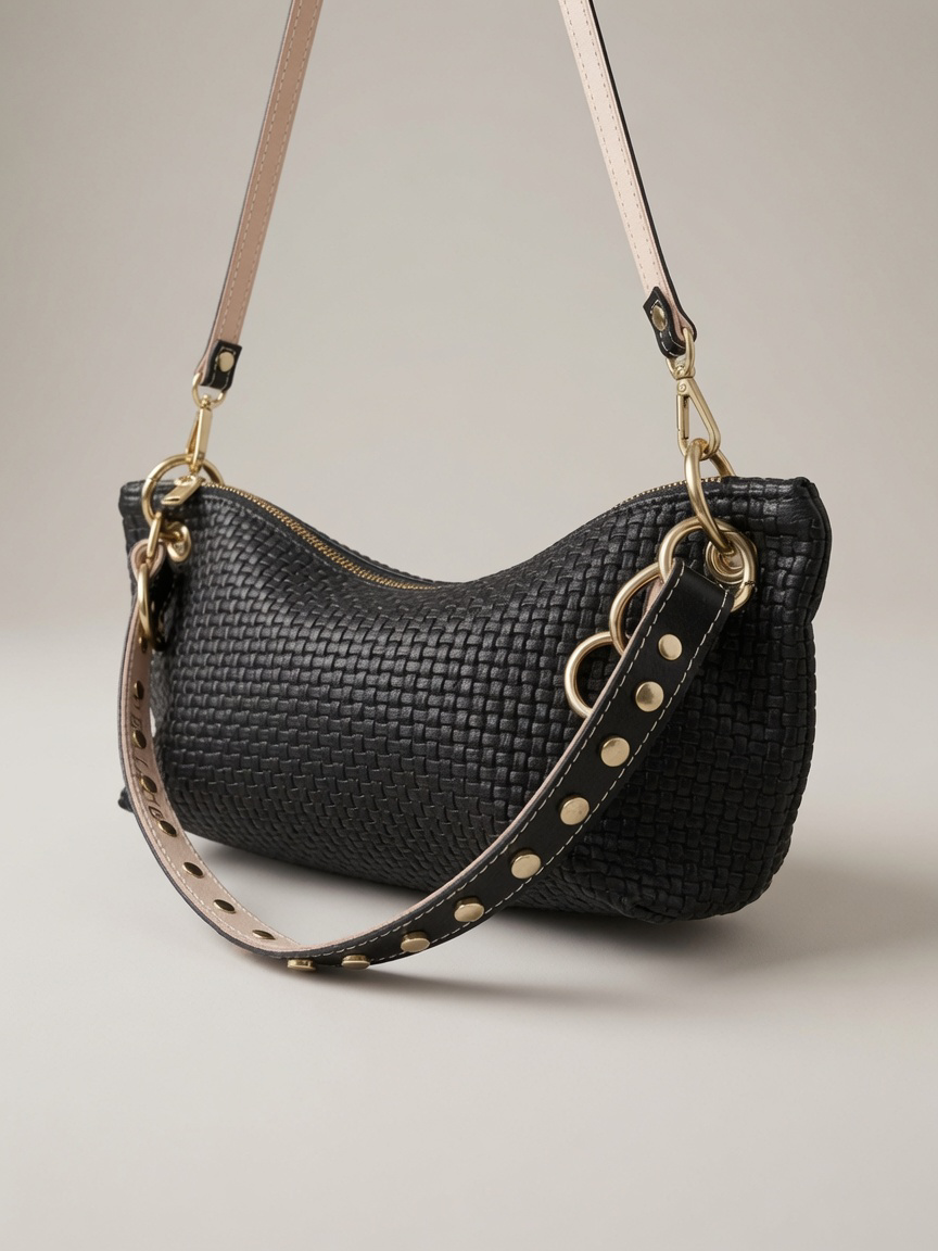 Blair Shoulder Bag, Black Embossed Leather/Studded Shoulder Strap