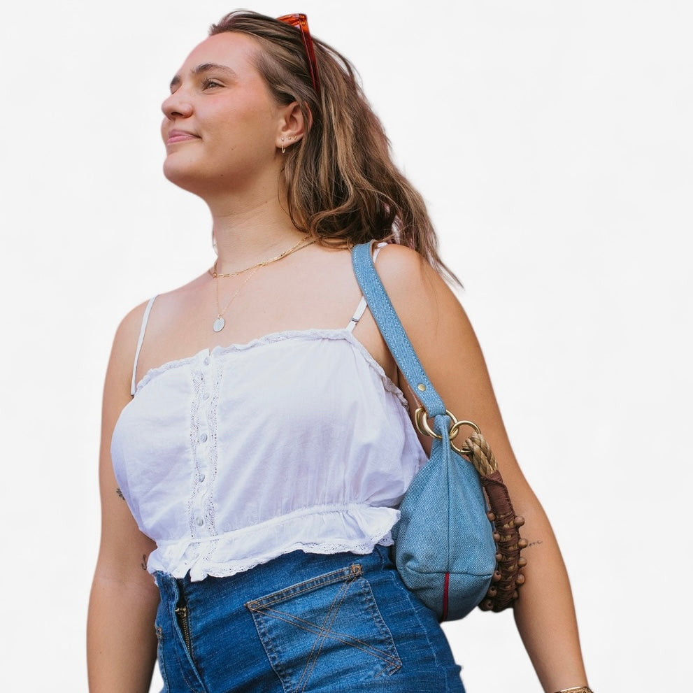 Blair-East West Shoulder Bag, Denim Leather