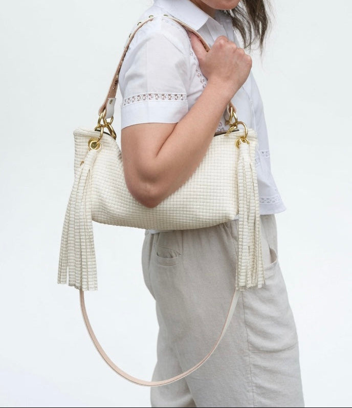Blair Shoulder Bag, Cream Embossed Leather/Tassels