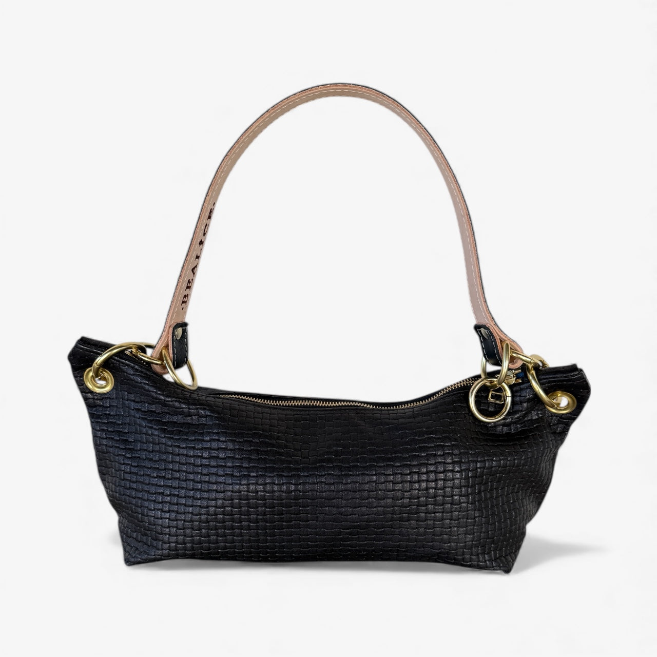 Blair-East West Shoulder Bag, Black Woven Leather