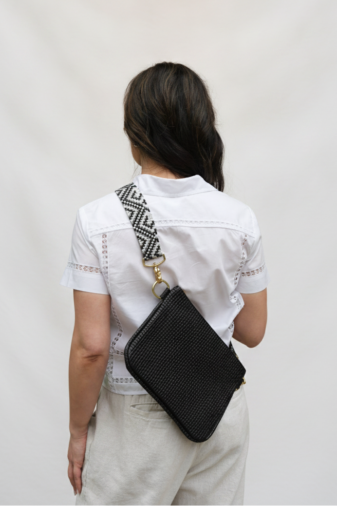 Alice Crossbody Bag, Black Embossed Leather