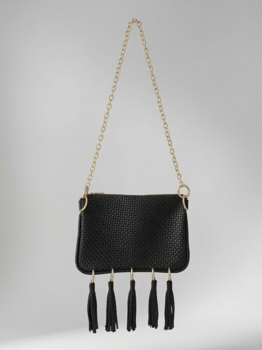 Alice Crossbody, Black Embossed Leather/Tassels