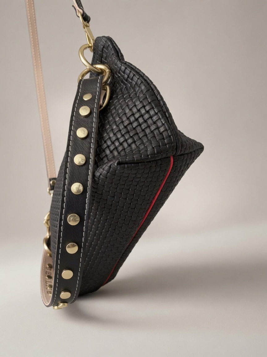 Blair Shoulder Bag, Black Embossed Leather/Studded Shoulder Strap
