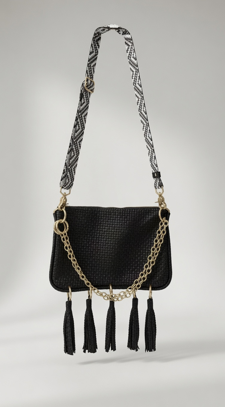 Alice Crossbody, Black Embossed Leather/Tassels