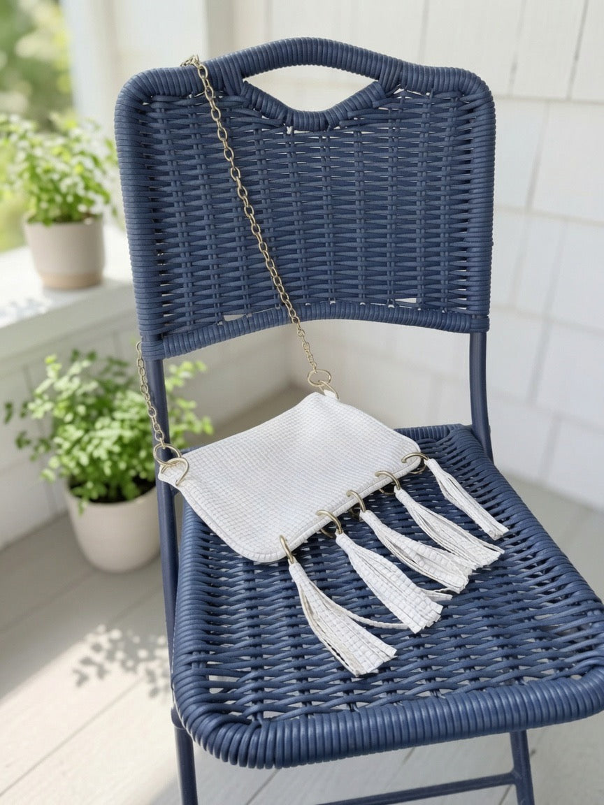 Alice Crossbody, Cream Embossed Leather/Tassels