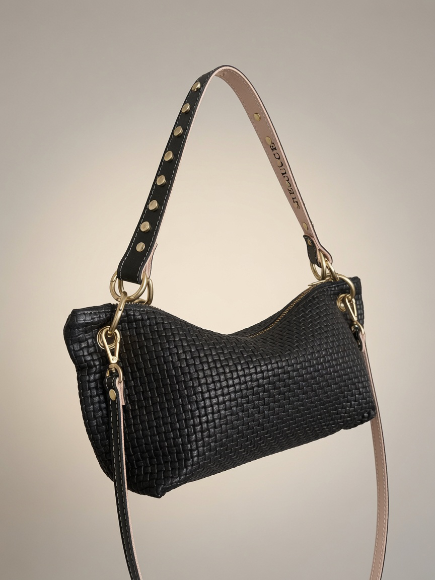 Blair Shoulder Bag, Black Embossed Leather/Studded Shoulder Strap