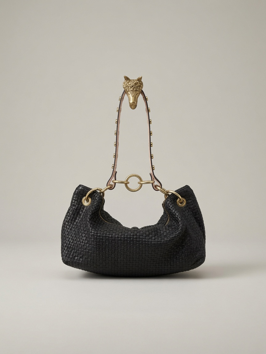 Blair Shoulder Bag, Black Embossed Leather/Studded Shoulder Strap