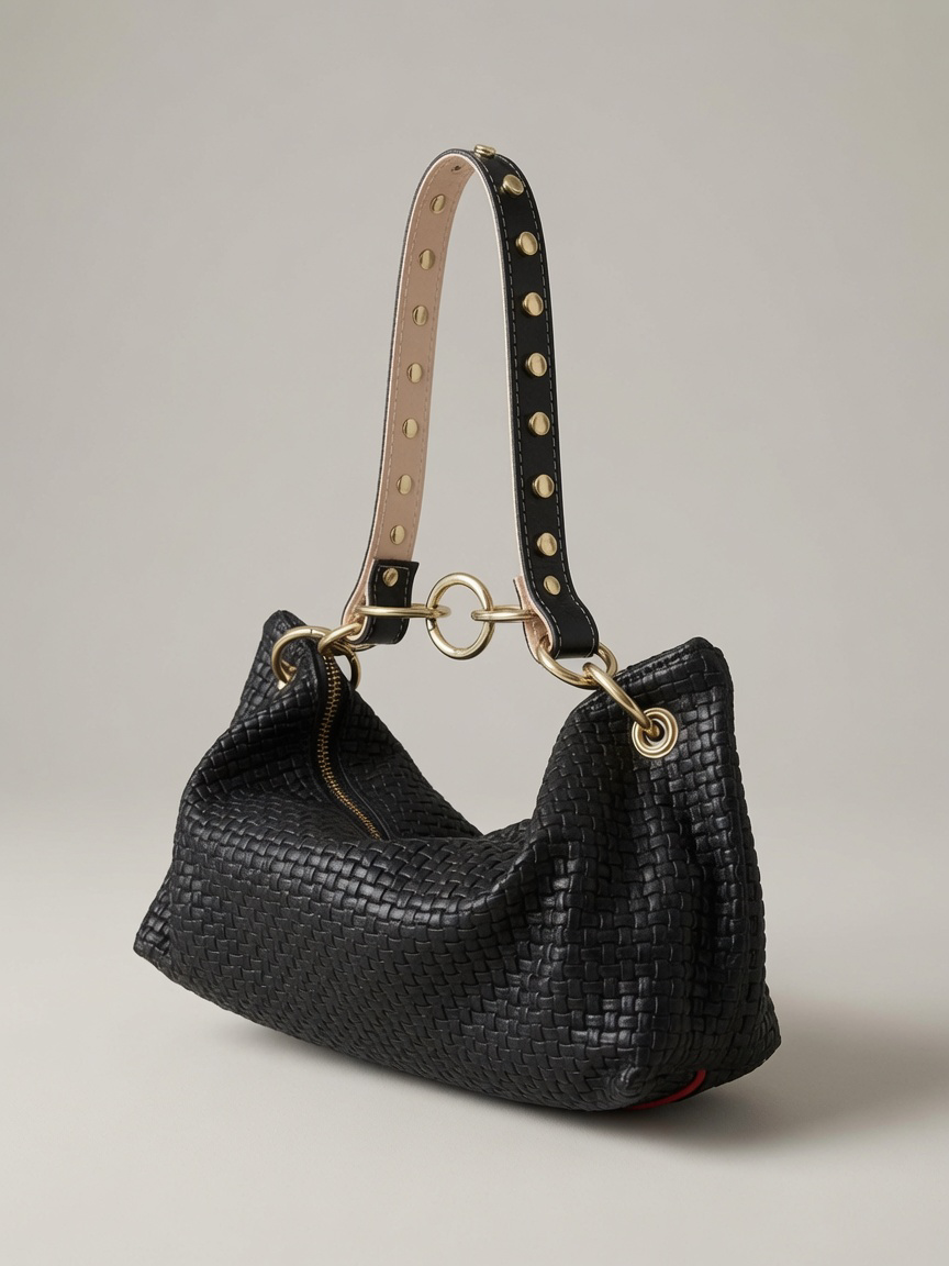Blair Shoulder Bag, Black Embossed Leather/Studded Shoulder Strap