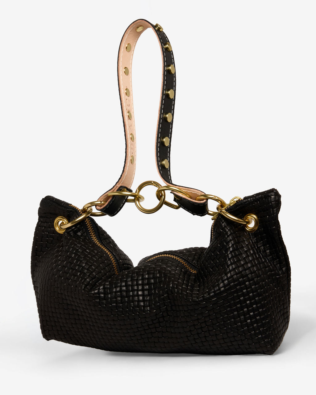 Blair Shoulder Bag, Black Embossed Leather/Studded Shoulder Strap