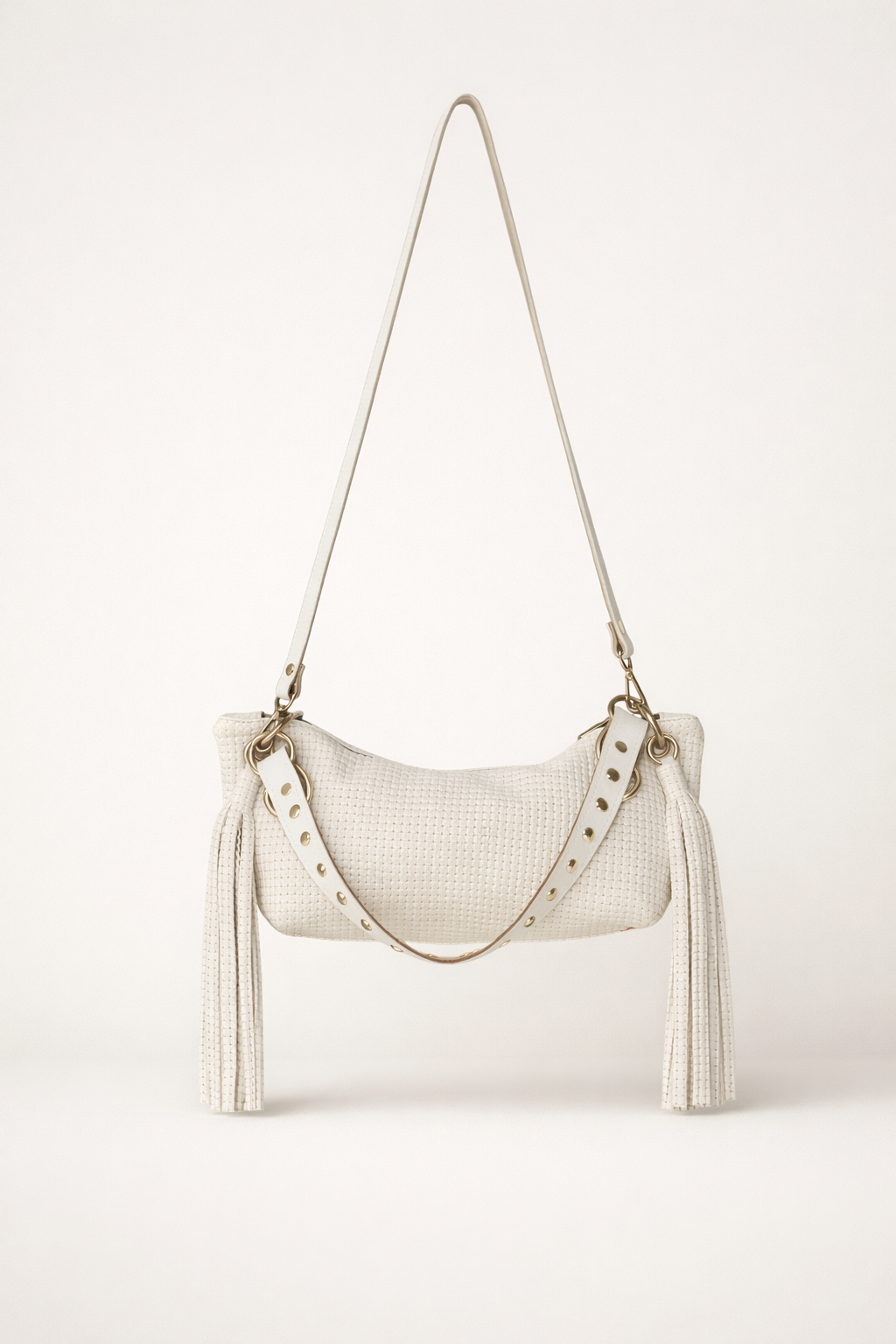 Blair Shoulder Bag, Cream Embossed Leather/Tassels