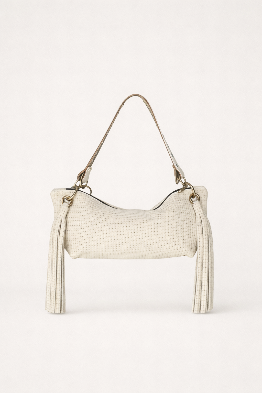 Blair Shoulder Bag, Cream Embossed Leather/Tassels