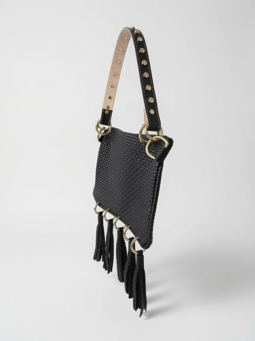 Alice Crossbody, Black Embossed Leather/Tassels