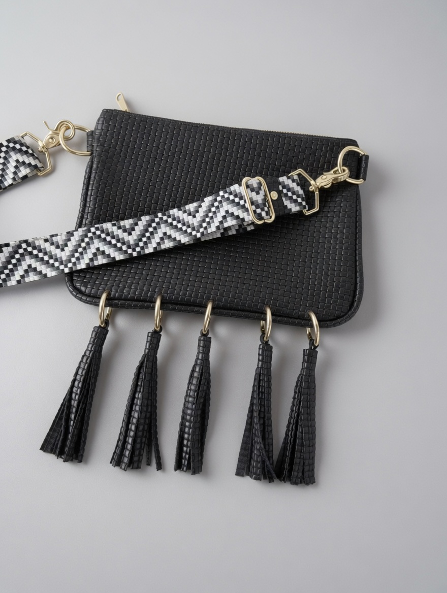 Alice Crossbody, Black Embossed Leather/Tassels