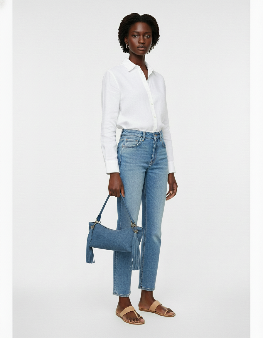 Blair Shoulder Bag, Denim Printed Leather/Tassels