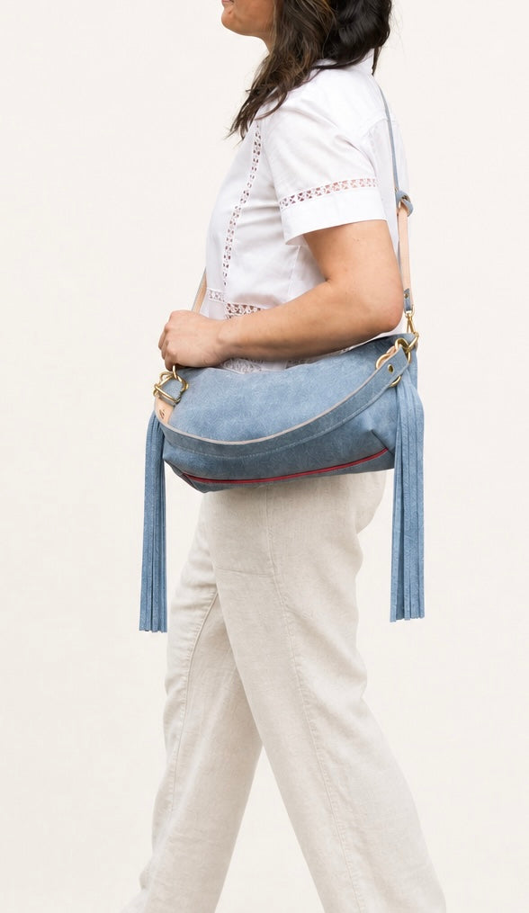 Blair Shoulder Bag, Denim Printed Leather/Tassels