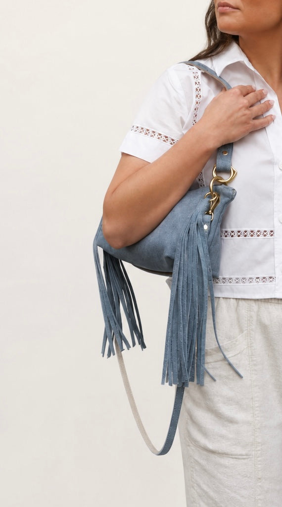 Blair Shoulder Bag, Denim-Printed Leather/Fringe