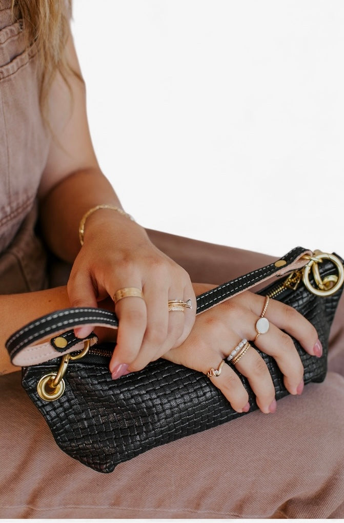 Baby Blair-East West Shoulder Bag, Black Woven Leather