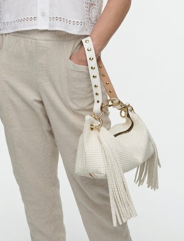 Blair Shoulder Bag, Cream Embossed Leather/Tassels