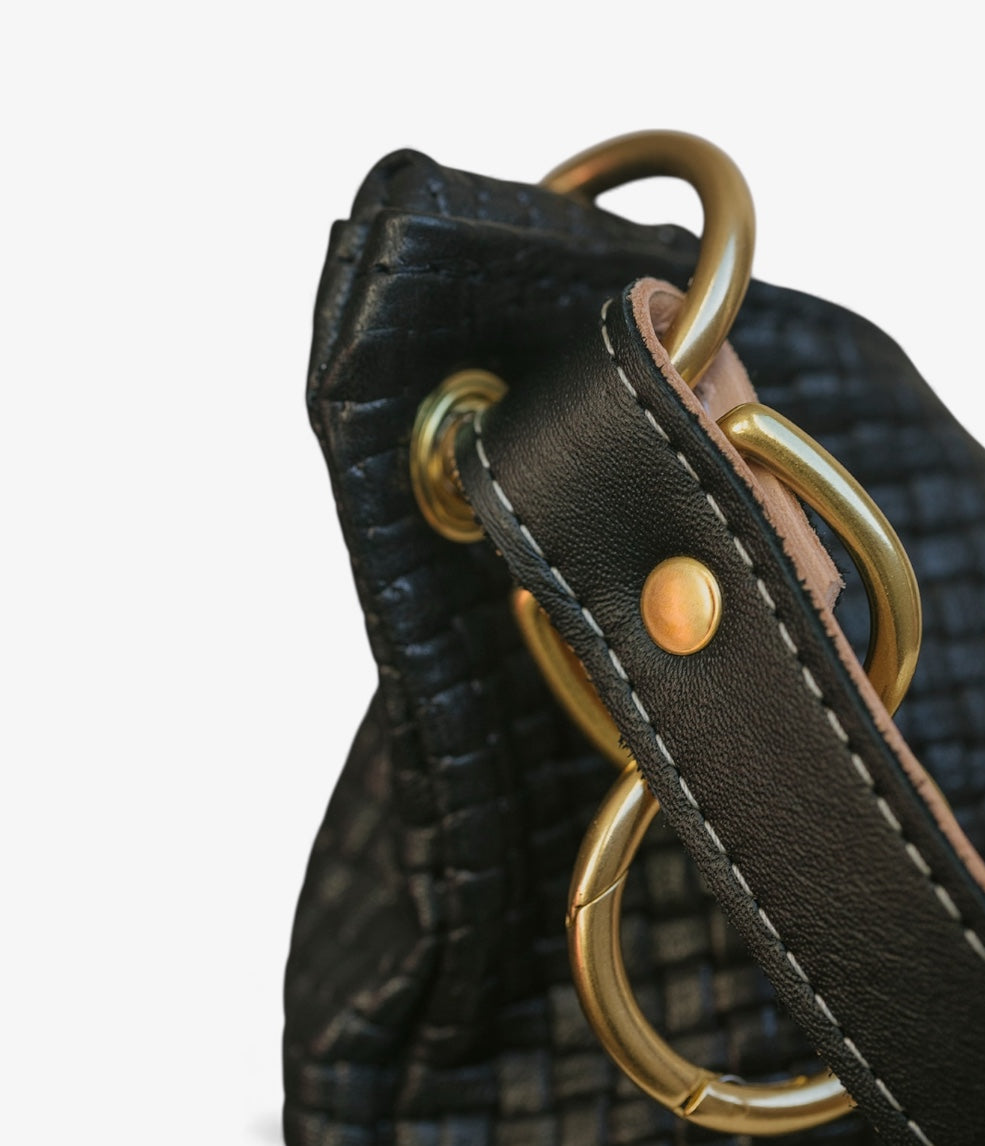 Blair-East West Shoulder Bag, Black Woven Leather