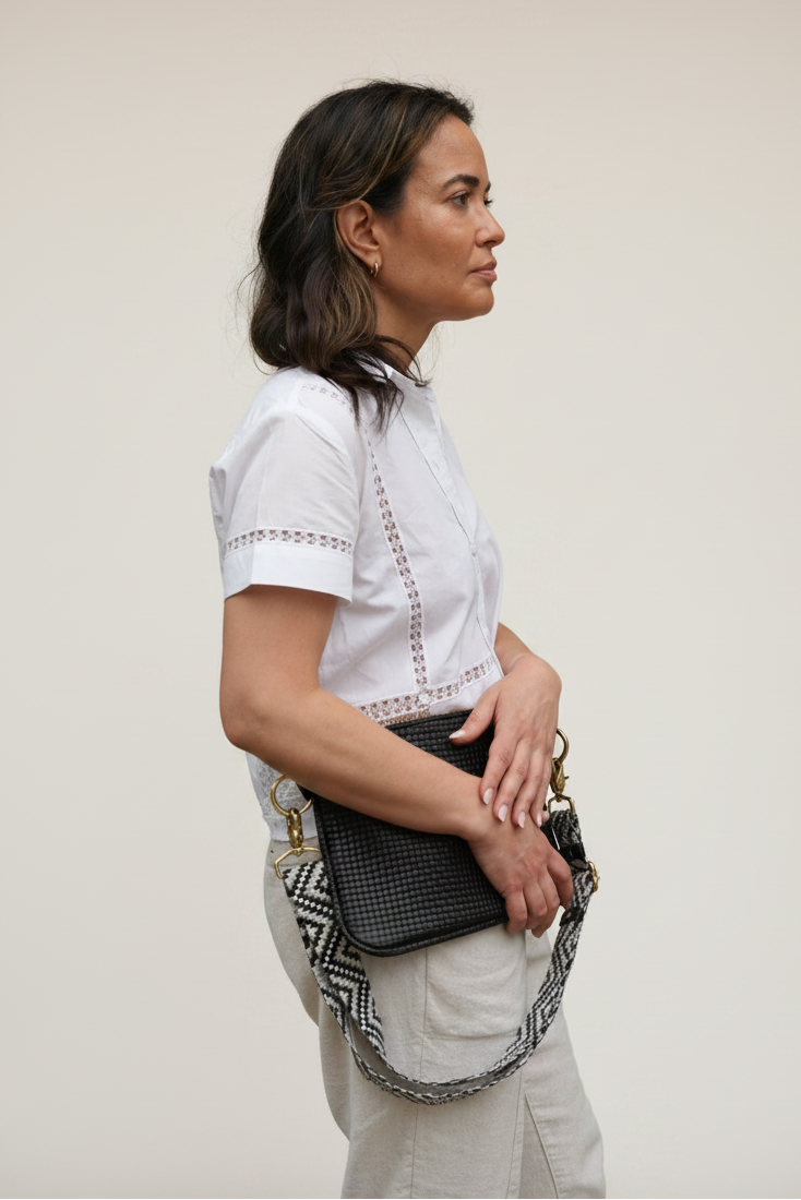 Alice Crossbody Bag, Black Embossed Leather