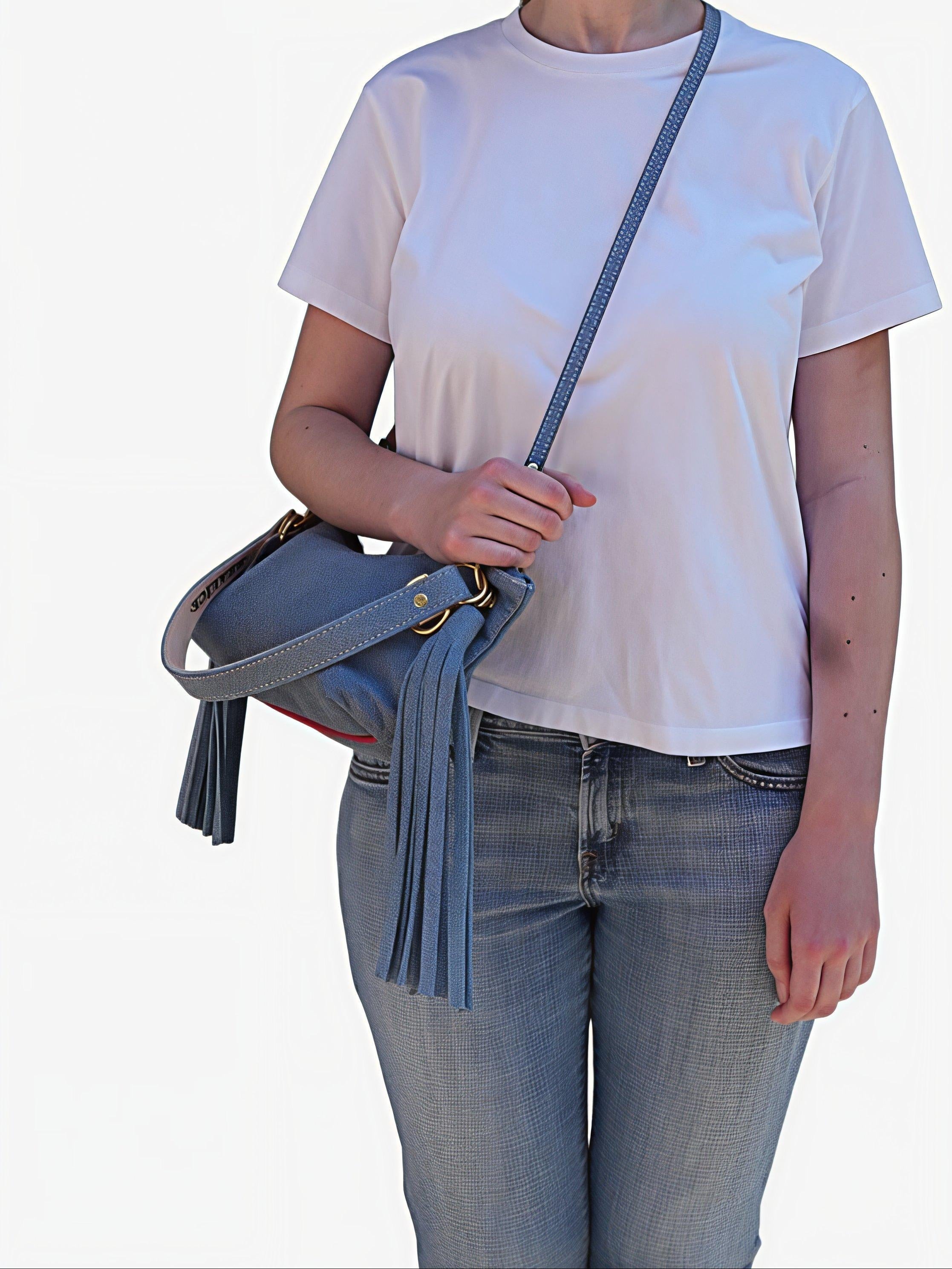 Blair Shoulder Bag, Denim Printed Leather/Tassels