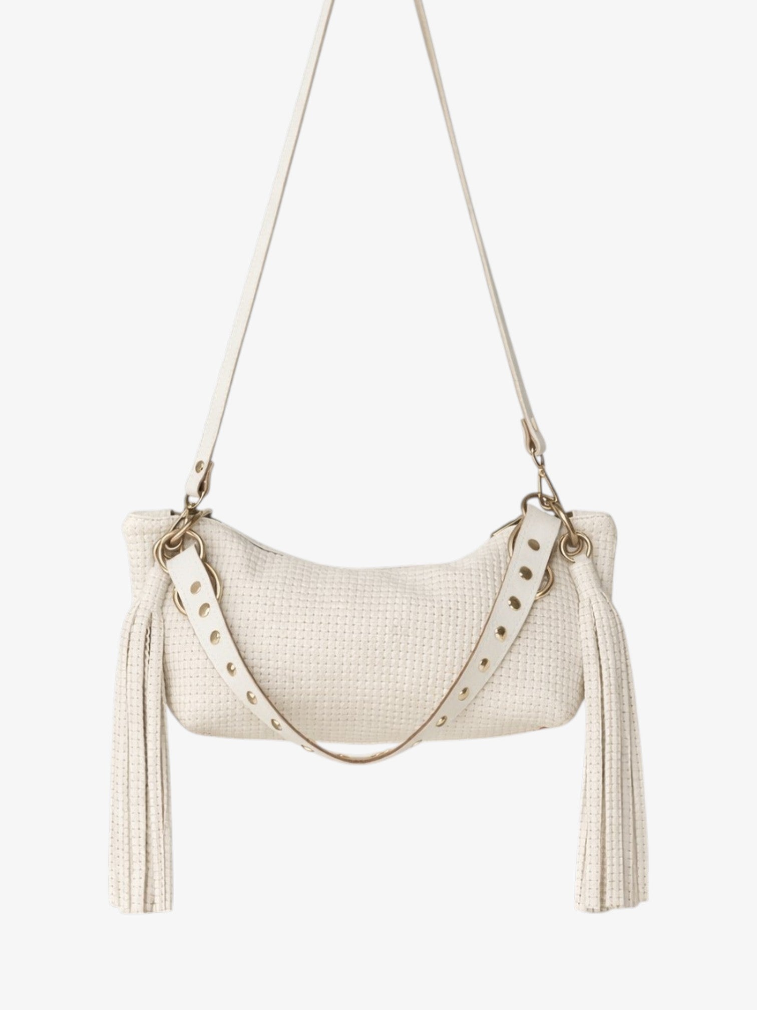 Blair Shoulder Bag, Cream Embossed Leather/Tassels