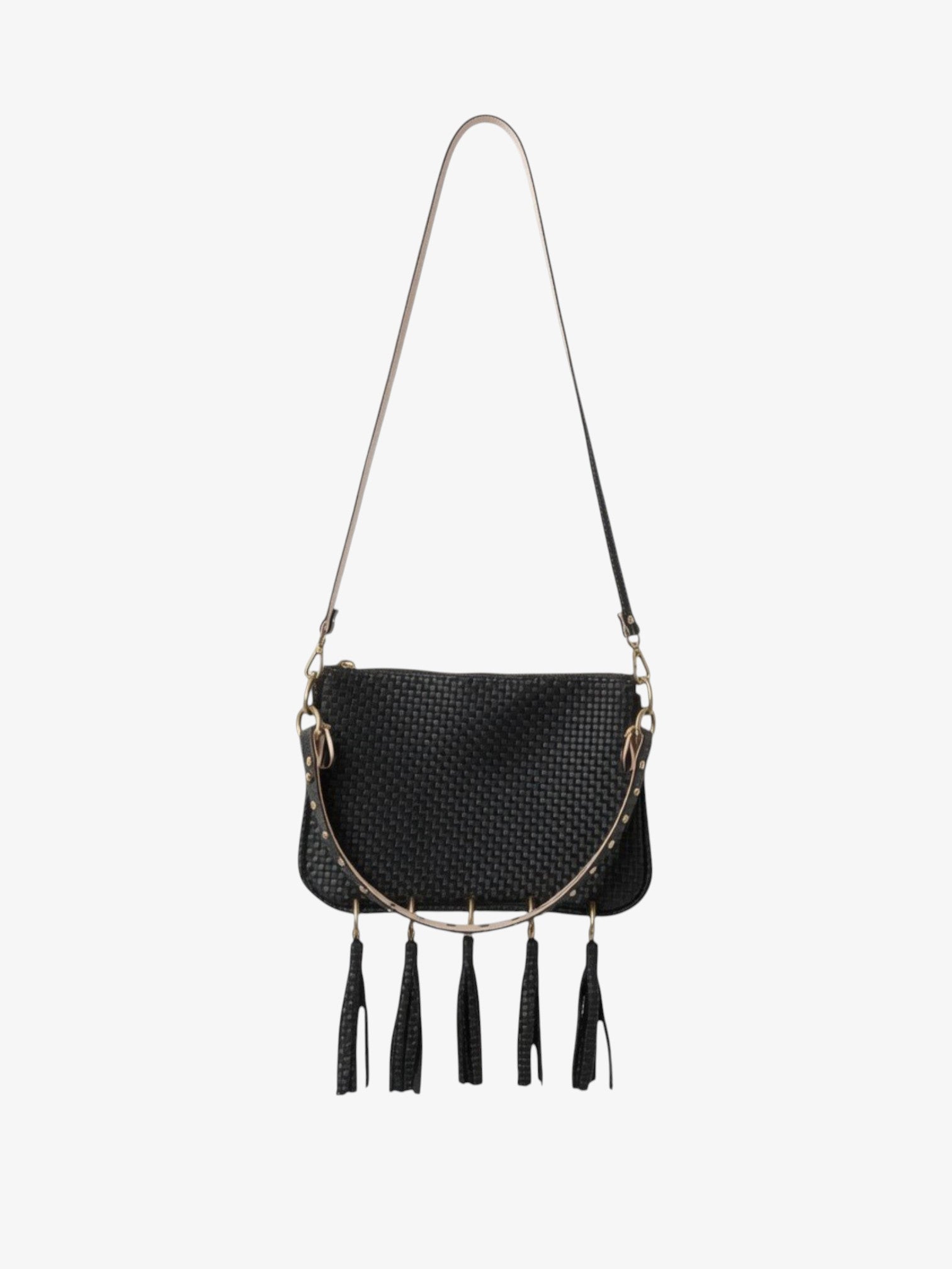 Alice Crossbody, Black Embossed Leather/Tassels